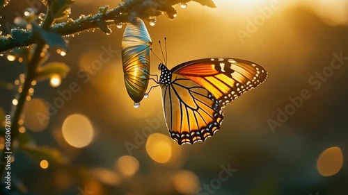 Monarch Butterfly Emerges From Chrysalis at Sunrise with Dew Drops on Plant