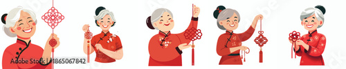 vector half body of a grandmother standing while hanging Chinese New Year knot decorations