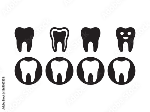 Black and white of teeth and smiling tooth dental symbol