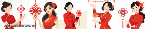 vector half body of a woman standing while hanging Chinese New Year knot decorations