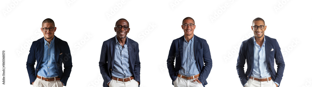 Obraz premium Four identical images of a man in a blazer and open collared shirt on transparent background