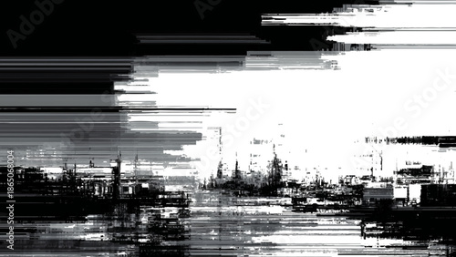 Glitchy distorted cityscape with digital artifacts and noise  abstract urban landscape