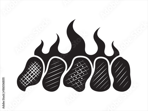 Black stylized flames over grilled meat steaks barbecue