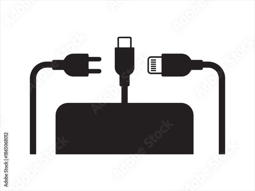 Black U S B C and power plug connected to a power bank charging electricity connection