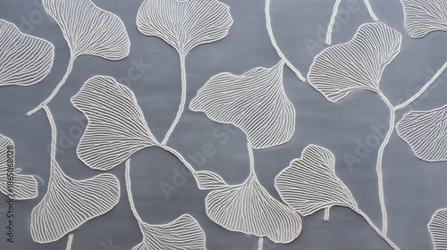 White line art leaves pattern on gray background with delicate freeform arcs creating calm and elegant botanical design, perfect for modern decor or textile print