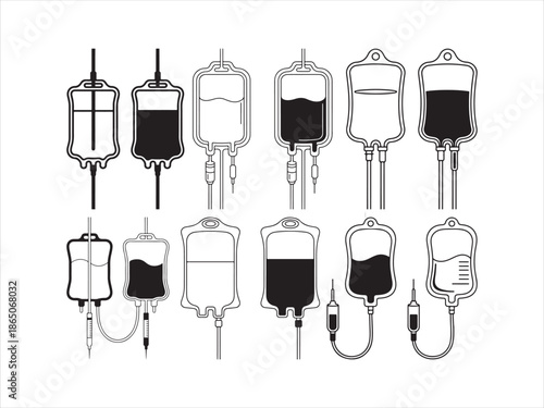 Collection of medical I V bags and infusion sets in black and white iv bag healthcare