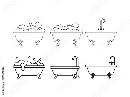 Collection of six black line bathtubs with various soap bubbles