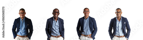 Four identical images of a man in a blazer and open collared shirt on transparent background