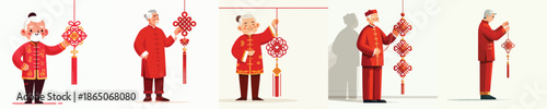 vector of a grandfather standing while hanging Chinese New Year knot decorations