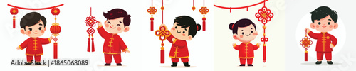vector of a little boy standing while hanging Chinese New Year knot decorations