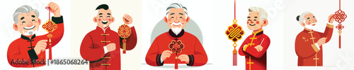 vector half body of a grandfather standing while hanging Chinese New Year knot decorations