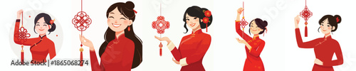 vector half body of a woman standing while hanging Chinese New Year knot decorations