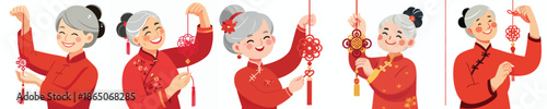 vector half body of a grandmother standing while hanging Chinese New Year knot decorations