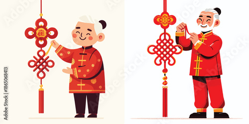 vector of a grandfather standing while hanging Chinese New Year knot decorations