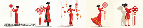 vector of a woman standing while hanging Chinese New Year knot decorations