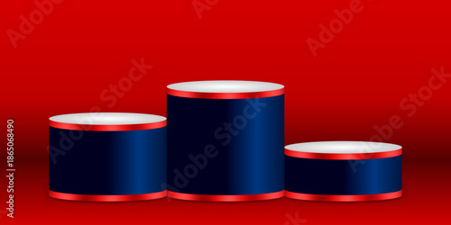 Three level winner podium stage on red background for award ceremony product presentation advertising branding and competition design
