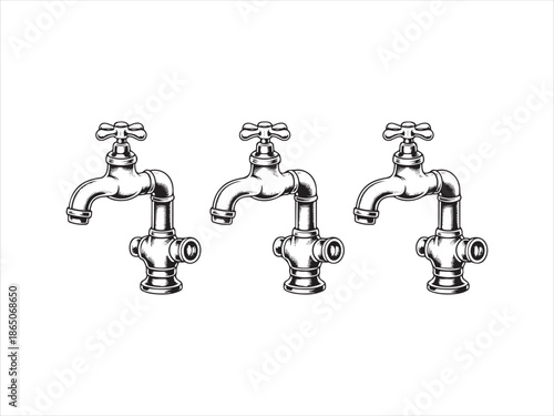 Three vintage style water taps in black and white faucet plumbing