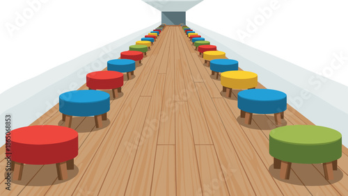 Perspective view of a minimalist room featuring a long wooden floor leading towards an open doorway, flanked by symmetrical rows of colorful round stools on both sides.