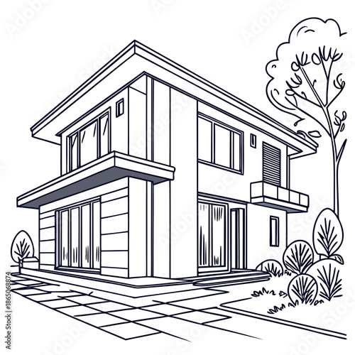 Modern two-story house with large windows