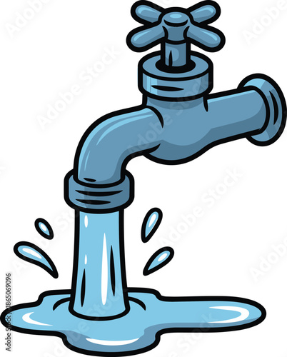 Blue cartoon water pipe with a leak and water droplets around it