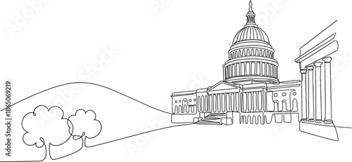 Continuous one line drawing of the United States Capitol building in Washington DC representing government history and American democracy minimalist vector