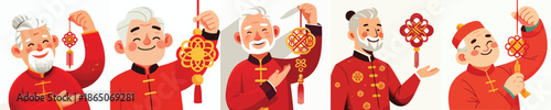 vector half body of a grandfather standing while hanging Chinese New Year knot decorations