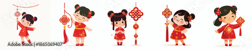 vector of a little girl standing while hanging Chinese New Year knot decorations