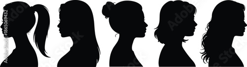 Five black silhouette profiles of women with different hairstyles against a white background