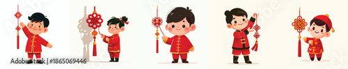 vector of a little boy standing while hanging Chinese New Year knot decorations