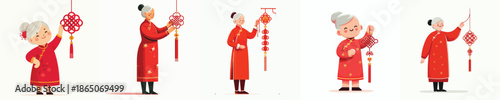 vector of a grandmother standing while hanging Chinese New Year knot decorations
