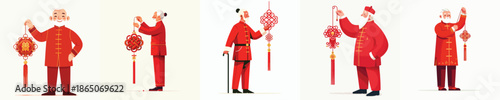 vector of a grandfather standing while hanging Chinese New Year knot decorations