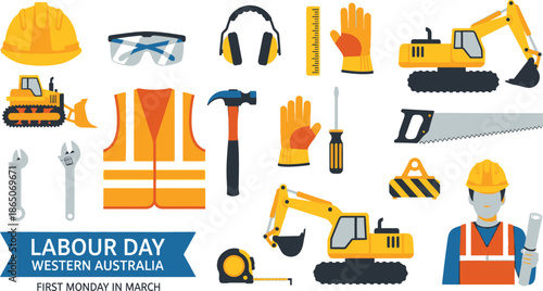 Colorful Labour Day Construction Tools and Safety Gear