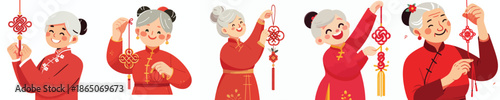 vector half body of a grandmother standing while hanging Chinese New Year knot decorations