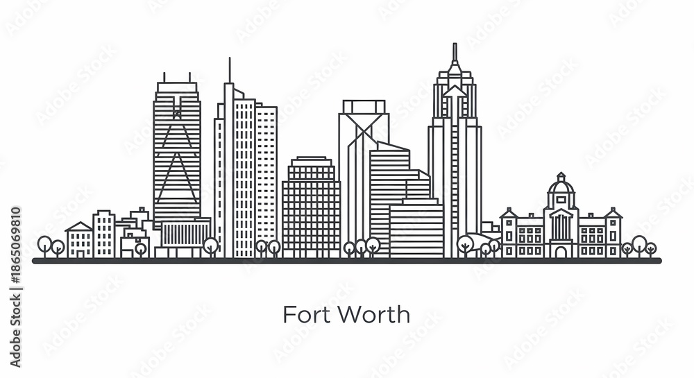 Naklejka premium Fort Worth Texas City Skyline Illustration.