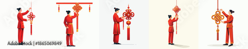 vector of a man standing while hanging Chinese New Year knot decorations