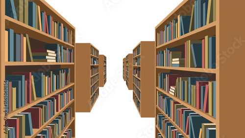 Deep perspective view of multiple aisles within a library, showcasing numerous rows of tall wooden bookshelves filled with a diverse collection of books, representing extensive knowledge.