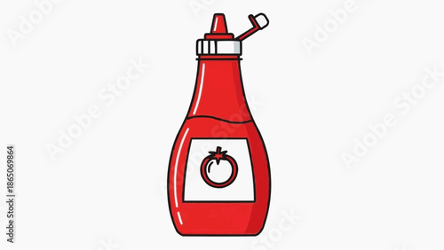 Illustration of Red Ketchup Bottle with Tomato Icon on White Background, Graphic Design, Simple Food Packaging Concept