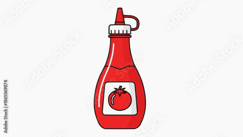 Illustration of a Squeeze Bottle with Tomato Sauce Condiment in Minimalist Design, Graphic Art, Front View, Food Concept