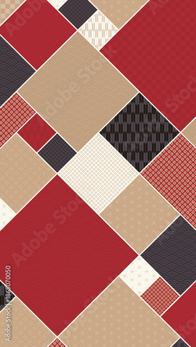 16:9サイズ縦型の背景素材：日本の伝統的な柄で構成された赤と黒と金色のジオメトリックパターン