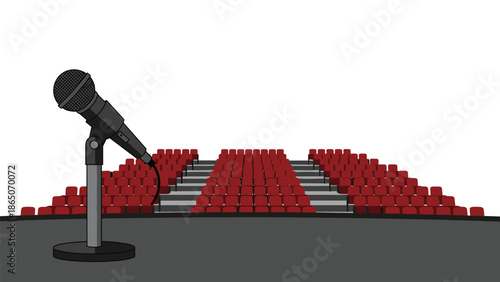 Professional microphone on a stand positioned center stage, with rows of empty, tiered red seating visible in the background, set for a performance, lecture, or public address.