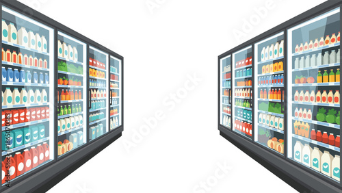 Perspective view of two long aisles in a supermarket, lined with refrigerated display cases filled with a wide array of dairy products, beverages, and fresh food items.