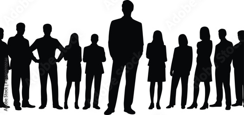 Silhouettes of diverse people standing in a line against a white background