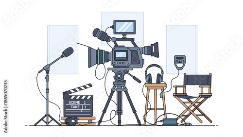 Comprehensive collection of film production equipment arranged on a movie set, including a professional video camera on a tripod, microphone, clapperboard, and director's chair.