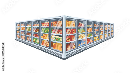 Expansive view of a modern supermarket featuring a long, corner-wrapping row of refrigerated display cases, fully stocked with a diverse selection of packaged frozen food items.