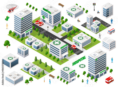 Isometric hospital city layout showing multiple medical buildings, ambulances, a helipad, and staff providing comprehensive healthcare services