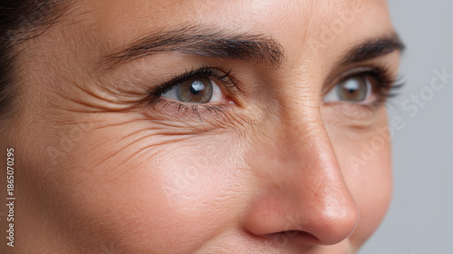 Extreme close up of under eye skin showing delicate fine lines and wrinkles around eye area with natural skin texture and eyebrow detail in soft lighting