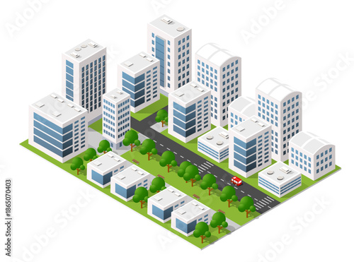 Isometric hospital city layout showing multiple medical buildings, ambulances, a helipad, and staff providing comprehensive healthcare services