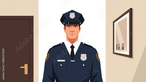 Confident male police officer in a full dark blue uniform with a cap and badge, standing indoors with a serious expression, ready for duty and upholding law and order.