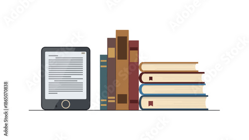 Modern e-reader device displaying text on its screen, positioned alongside a diverse collection of traditional physical books, symbolizing the evolution of reading and literacy.