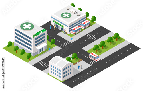 Isometric city illustration with buildings, houses, street, traffic, and park areas. Representing urban planning and development